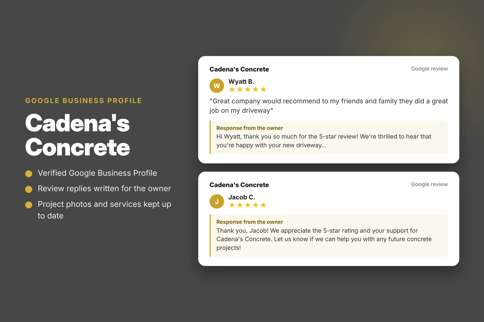 Cadena's Concrete Google Business Profile and review replies managed by The Lions Media