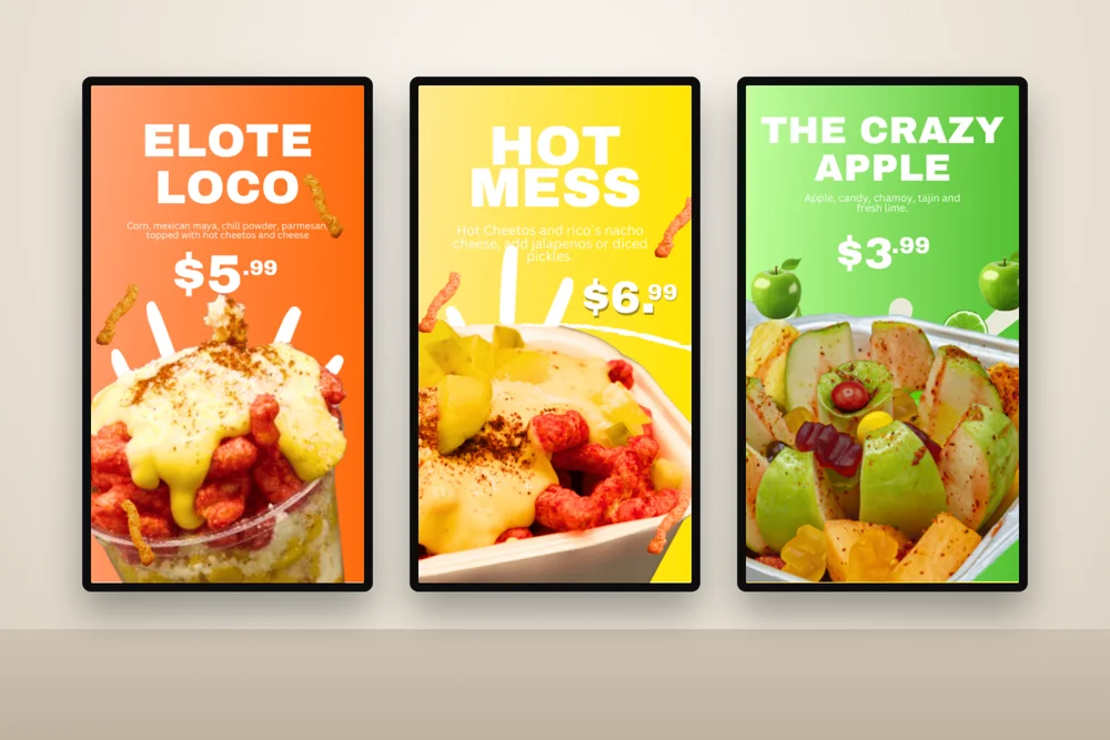 The Crazy Fruit vertical digital menu screens for snacks and specialty drinks by The Lions Media