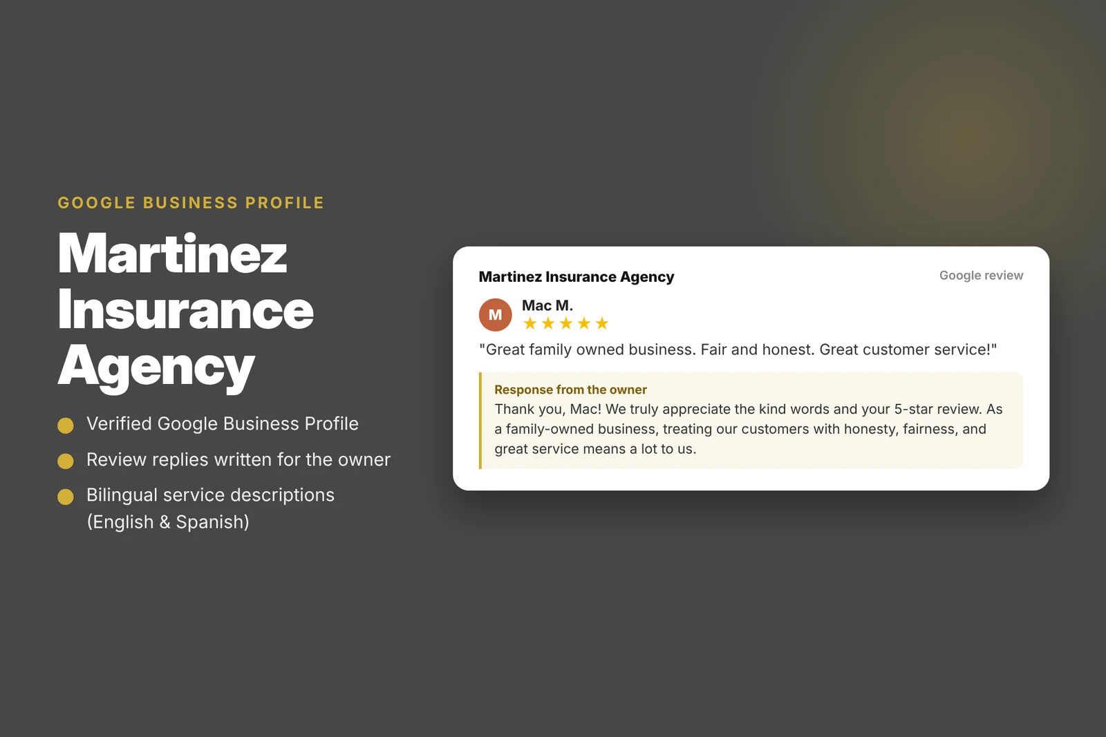 Martinez Insurance Agency Google Business Profile and review replies managed by The Lions Media