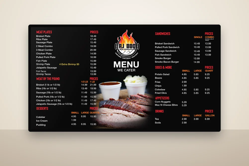RJ BBQ digital menu board designed for the tv screens inside the restaurant by The Lions Media