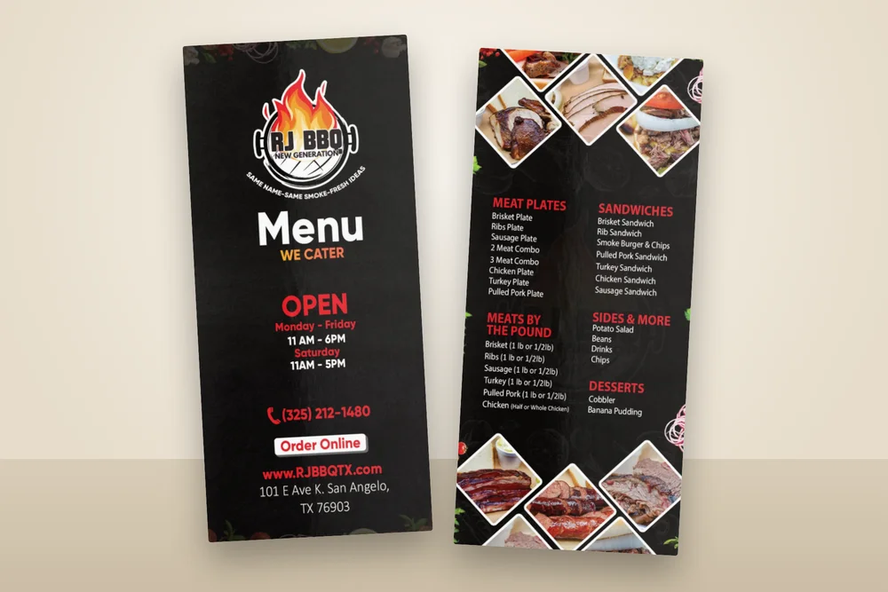 RJ BBQ printed take-out menu, front and back by The Lions Media